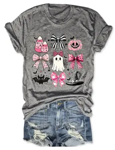 Women pink bow ghost Halloween short sleeve t-shirt, casual cute grey holiday graphic top.