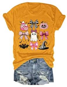 Women Halloween pink ghost bow graphic t-shirt with denim shorts, casual cute short sleeve top.