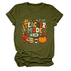 Legergroen dames casual korte mouw t-shirt met schattige leraar mode herfst grafisch ontwerp.