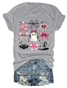 Women gray short sleeve t-shirt pink bow ghost Halloween graphic tee top details