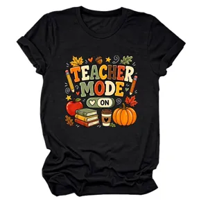 Gedetailleerd close-up overzicht van het retro leraar modus korte mouw dames t-shirt.