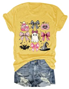 Women's Halloween cute pink bow ghost print casual crew neck short sleeve t-shirt top