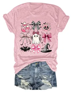 Women's pink short sleeve t-shirt with cute Halloween ghost bow graphic, casual crew neck.