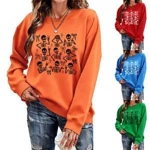 Casual women Halloween skeleton graphic long sleeve crewneck sweatshirt with multi colors.