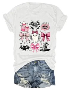 Women Halloween graphic tee pink bow ghost short sleeve casual crewneck white t-shirt top