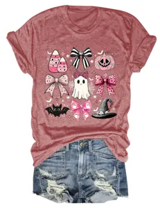 Women cute Halloween pink ghost bow graphic short sleeve t-shirt with denim shorts