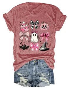 Women cute pink Halloween t-shirt with ghost bow pumpkin short sleeve graphic tee top.