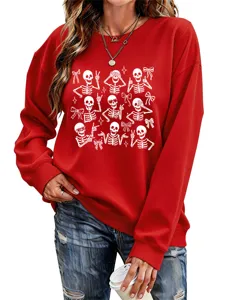 Women Halloween Skeleton Graphic Sweatshirt Casual Long Sleeve Crewneck Red Pullover Top