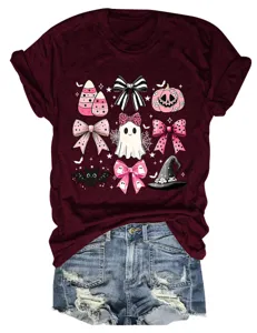 Women Halloween Pink Bow Ghost Graphic Tee Casual Cute Round Neck Short Sleeve T-Shirt