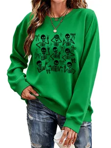 Women's Green Halloween Sweatshirt Casual Long Sleeve Cute Skull Bow Print Pullover Top