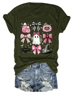 Army Green Halloween T-Shirt Pink Bow Ghost Witch Hat Graphic Short Sleeve Tee Top