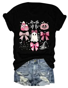 Women black short sleeve t-shirt with pink Halloween ghost and bow graphic print denim shorts.