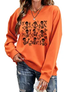 Women casual orange long sleeve sweatshirt with funny Halloween skeleton and bow print graphic top