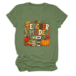 Casual vintage dames korte mouw t-shirt met Teacher Mode On print, comfortabele ronde hals.