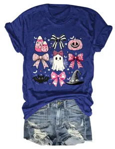 Women Halloween Pink Bow Ghost T-Shirt Casual Short Sleeve Cute Pumpkin Bat Tee Top