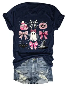 Close-up detail of the pink Halloween ghost and cute bow graphic print on dark navy tee.