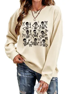 Women casual fashion halloween skeleton bow graphic long sleeve beige sweatshirt detail
