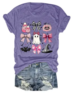 Cute pink Halloween ghost bow graphic short sleeve t-shirt for women, stylish and fun holiday tee.