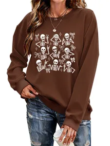 Women casual brown sweatshirt featuring cute skeleton and bow graphic print for Halloween season.