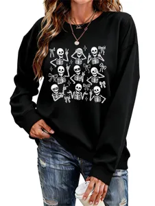 Women casual Halloween skeleton graphic long sleeve black crewneck sweatshirt pullover top