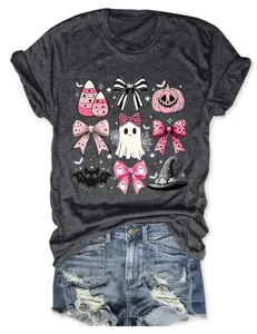 Detailed view of the dark gray short sleeve t-shirt featuring a cute pink Halloween graphic print.