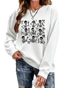 Women white crewneck sweatshirt with cute skeleton and bow print halloween casual pullover