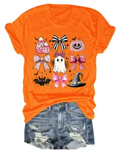 Detail view of women orange short sleeve t shirt featuring cute pink Halloween ghost bow print.