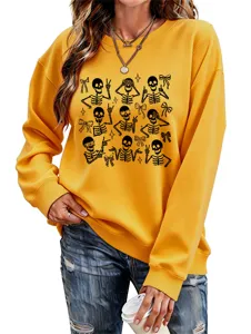 Women casual Halloween skeleton graphic sweatshirt in bright yellow, long sleeve crewneck top.