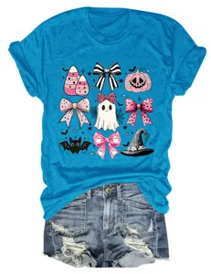 Women casual blue short sleeve t-shirt with cute pink Halloween ghost and bow graphic.