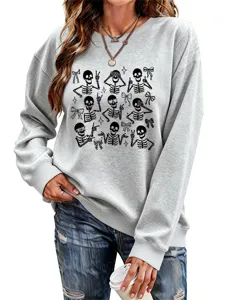 Casual women's gray crewneck sweatshirt featuring cute cartoon skeleton and bow prints for Halloween.