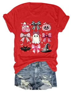 Women red short sleeve t-shirt with cute pink Halloween ghost bow graphic and denim shorts.