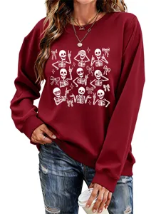 Women maroon long sleeve sweatshirt featuring cute Halloween skeleton and bow graphic print top