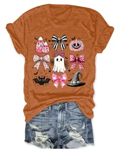 Stylish women pink bow ghost Halloween short sleeve orange t-shirt daily casual top