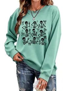 Women cute cartoon skeleton bow print mint green long sleeve crewneck casual sweatshirt