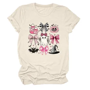 Women cute Halloween pink bow ghost graphic short sleeve crew neck beige t-shirt casual top