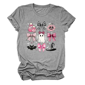 Grey short sleeve t-shirt for women with cute pink Halloween ghost and bow print graphic top.