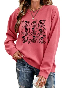 Women's Halloween Skeleton Bow Graphic Sweatshirt Long Sleeve Casual Pullover Top.