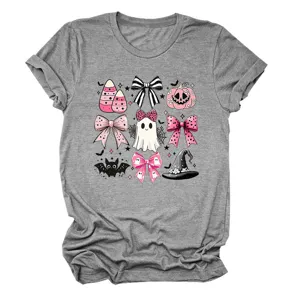Women Cute Halloween Ghost Bow Graphic Tee Casual Short Sleeve Gray T-Shirt Detail