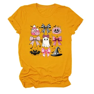 Cute women's mustard yellow short sleeve t-shirt featuring pink bow ghost Halloween graphic.