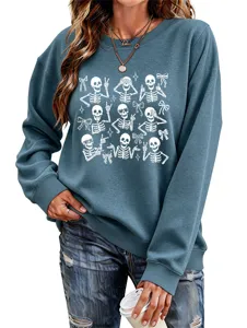 Women casual fashion Halloween skeleton graphic sweatshirt detail, long sleeve top.