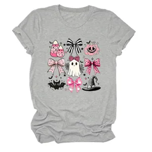 Women casual grey short sleeve t-shirt with cute pink Halloween ghost and bow graphic print.