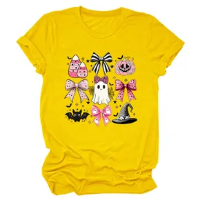 Trendy yellow short-sleeve t-shirt for women featuring cute pink Halloween ghost and bow print graphic.