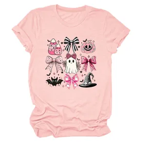 Pink short sleeve t-shirt detail showing cute Halloween ghost and bow graphic print features.