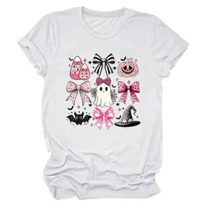 Women cute pink bow Halloween ghost witch hat graphic short sleeve crew neck t-shirt