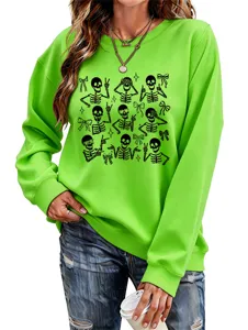 Women bright green skeleton graphic sweatshirt casual long sleeve crewneck pullover top