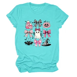 Women's Halloween Cute Ghost Bow Witch Hat Graphic Print Short Sleeve Crew Neck T-Shirt