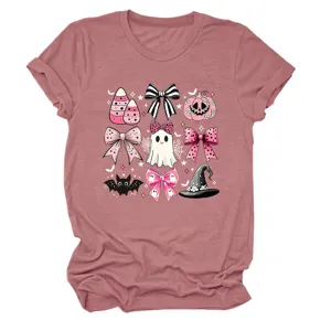 Fashionable pink cute Halloween ghost bow graphic short sleeve casual women t-shirt