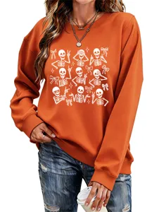 Women Halloween Cartoon Skeleton Bow Graphic Long Sleeve Casual Crewneck Sweatshirt