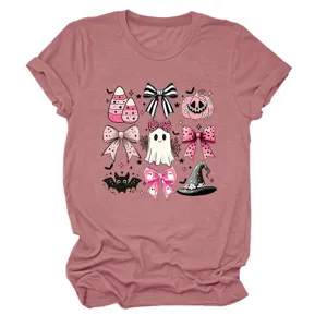 Women Pink Halloween Graphic T-Shirt Cute Ghost Bow Witch Hat Casual Short Sleeve Top