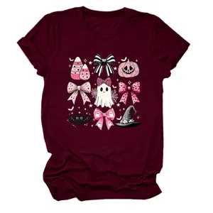 Women's Halloween pink bow ghost graphic tee short sleeve burgundy crew neck t-shirt